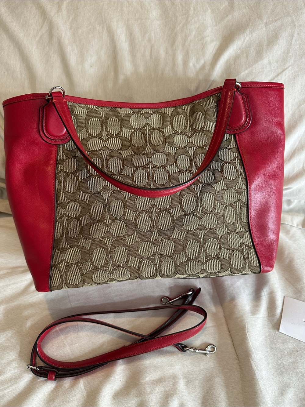 Coach Brown Signature Canvas Tote with Red Leather Trim - Picture 2 of 5